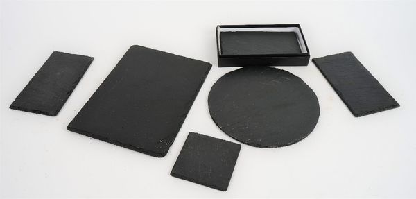 Natural Slate square coasters and double coasters, by The Just Slate Company, boxed and various other circular and rectangular slate mats (qty).