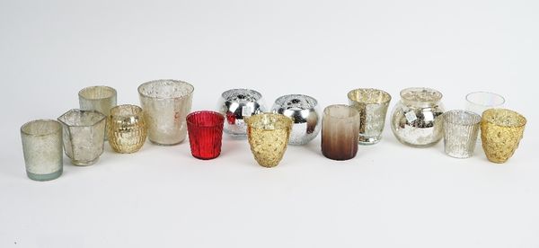 A large collection of West Elm mercurial glass tea light holders and various others in coloured glass (qty).