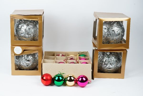 A collection of Christmas tree glass baubles, including four extra large, and other traditional coloured glass baubles (qty).