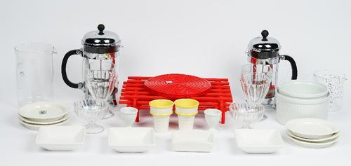 A set of Sophie Conran Portmeirion cream side plates, cake stand, toast racks, soda stream, cafetieres and other items (qty).