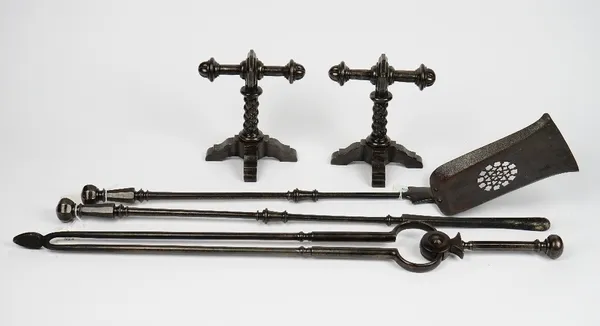 A cast iron fireplace companion set, comprising of shovel, poker, tongs and fire dogs, together with a coal scuttle (6).