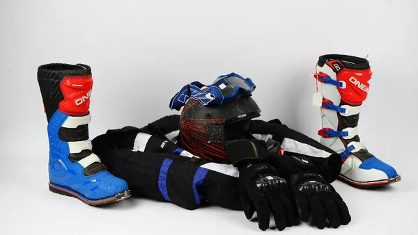 A Quadziller bike helmet, size medium, another, size large, a Nitro bike helmet, size medium, a pair of Primaloft Bering gloves, a pair of goggles, a