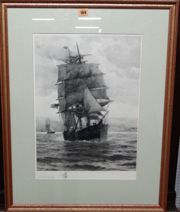 William Edward Norton (1843-1916), Tall ship; Sailing boats, a pair of etchings, both signed, each 50cm x 35.5cm.(2)