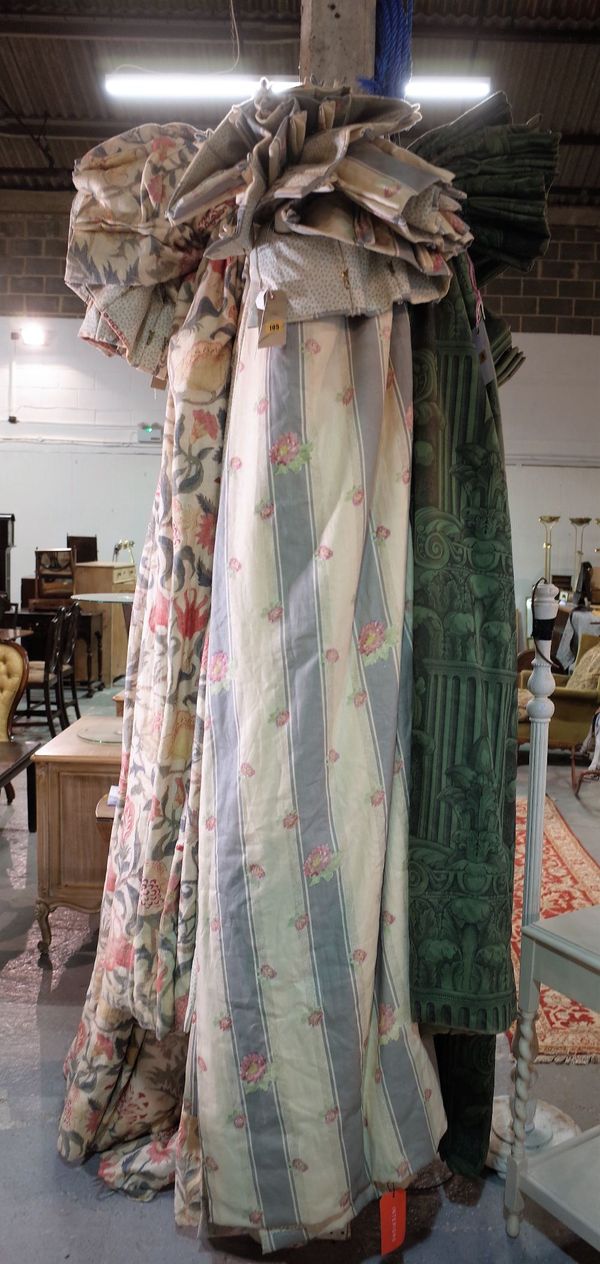 Curtains; two pairs of cream and blue white striped lined curtains, with pink flowers, 130cm wide x 230cm drop and 95cm wide x 190cm drop, (4).  D3