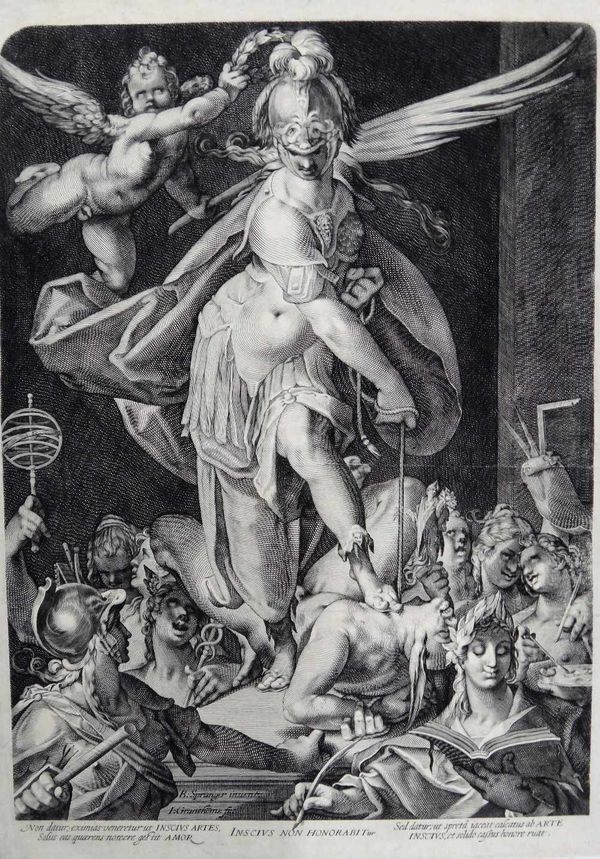 After Bartholomeaus Spranger, Wisdom conquers Ignorance, engraving by Jacques Granthomme, unframed, 49.5cm x 34.5cm.