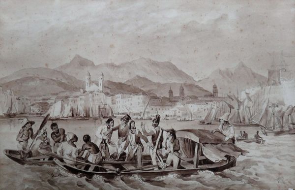 Follower of Mauritz Rugendas, soldiers and natives crossing a river; a street scene with figures, two sepia watercolours, both bear initials, both unf