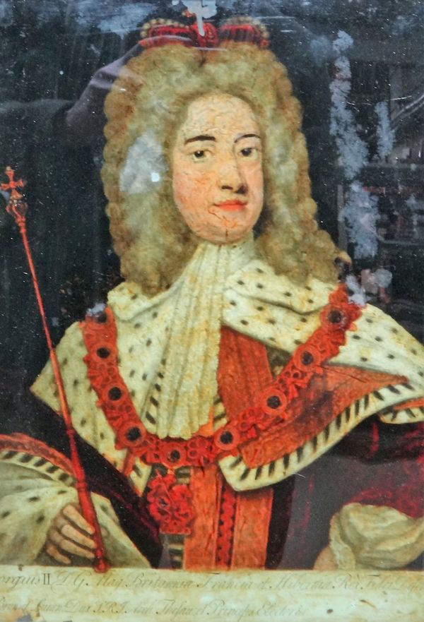 After Sir Godfrey Neller, Portrait of George II; after Hamilton, Elizabeth Duchess of Hamilton, two, colour transfer engravings on glass, each approx.