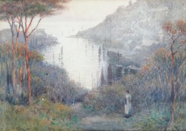 Herbert E Butler (1861-1931), Girl on a path overlooking an estuary, watercolour, signed, 24cm x 35cm.