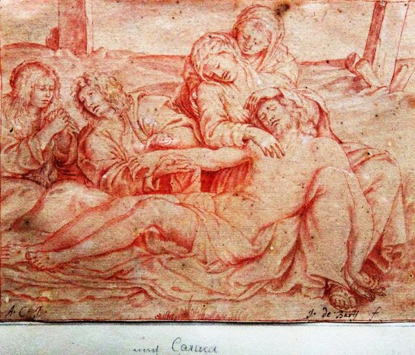 Manner of Jan de Braij, The Lamentation, sanguine ink and wash, 12.5cm x 16cm.