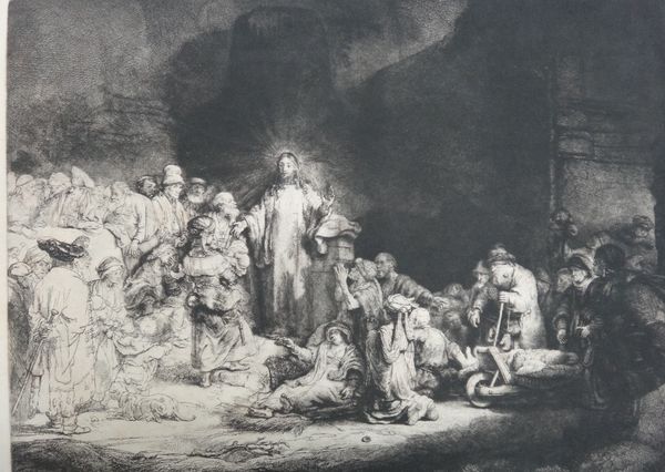 After Rembrandt van Rijn, Christ before his followers; Landscape, two etchings, unframed, the larger 28cm x 39cm.(2)