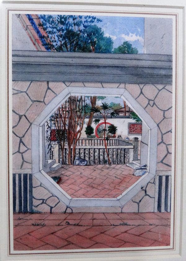 Lt Charles Cooper King (19th/20th century), Changchow: a courtyard in a Mandarin's house, watercolour and pencil, 27.5cm x 19cm.