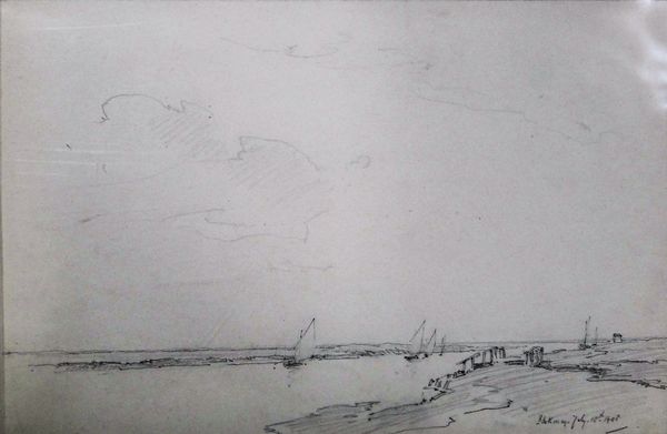 A folio of assorted drawings and sketches, including a view of Blakeny by Arthur Gerald Ackerman, a charcoal view of West Mersey by C.H Baskett, a pen