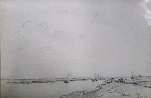 A folio of assorted drawings and sketches, including a view of Blakeny by Arthur Gerald Ackerman, a charcoal view of West Mersey by C.H Baskett, a pen