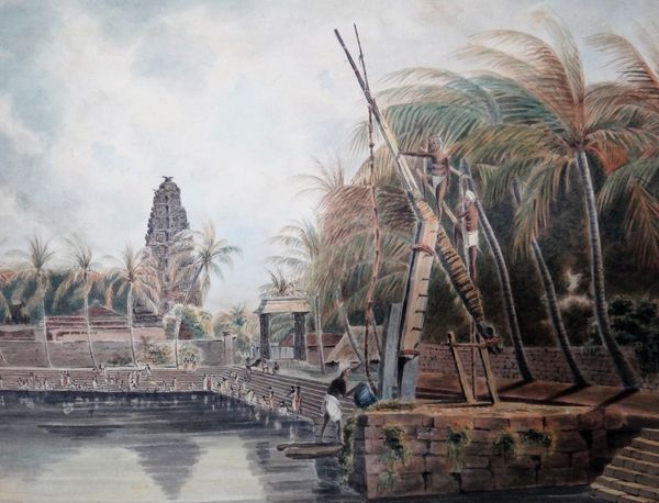 English Colonial School (19th Century), a South East Asian scene with figures on a water front, a temple beyond, watercolour, unframed, 28cm x 35cm.