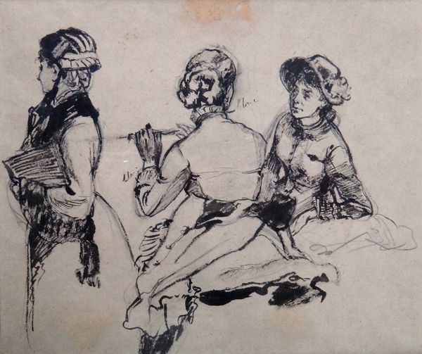 French School (late 19th century), Study of three women, pen and ink over pencil, 18cm x 22cm.