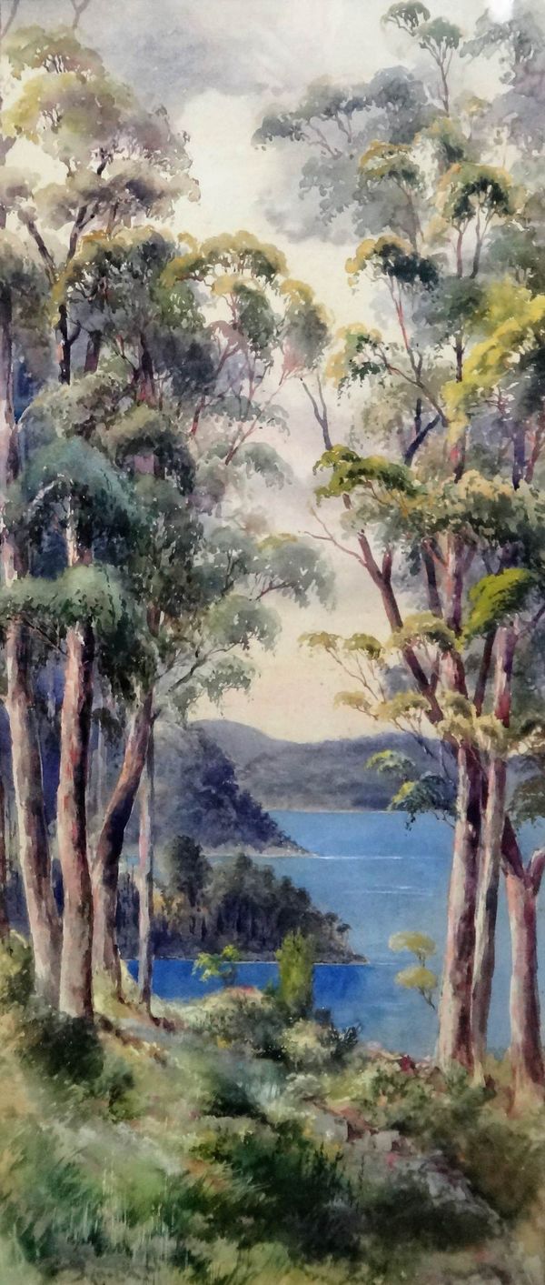 Ellis Rowan (1848-1922), Australian lake landscape, watercolour, 69cm x 29cm.