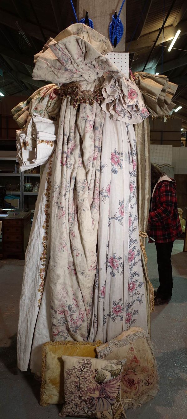 Curtains; a pair of cream ground lined curtains with bunches of pink floral bouquets and attached pelmet, 125cm wide x 259cm drop, a pair of linen cur