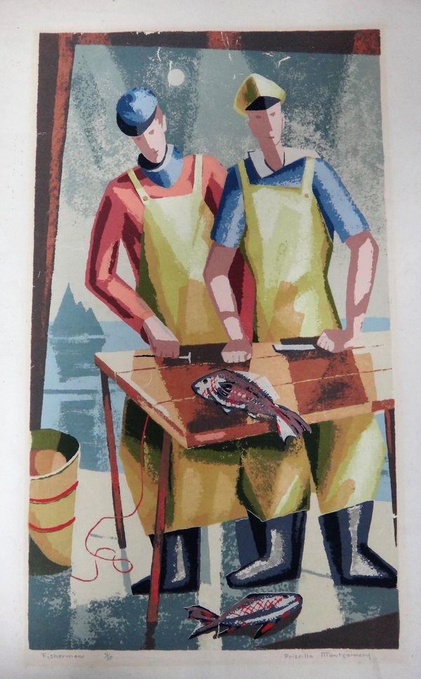 Priscilla Montgomery (20th century), Fishermen, colour lithograph, signed, inscribed and numbvered 4/20, unframed, 48cm x 27cm.