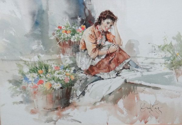 Gordon King (b.1939), Flower seller, watercolour, signed, 48cm x 69cm. ARR