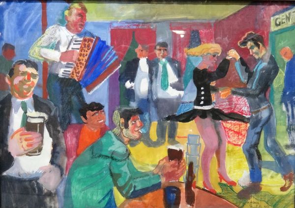 Anne Bulitis (20th century), Pub interior with music and dancing, gouache and mixed media, signed and indistinctly dated, 41cm x 59cm.; together with