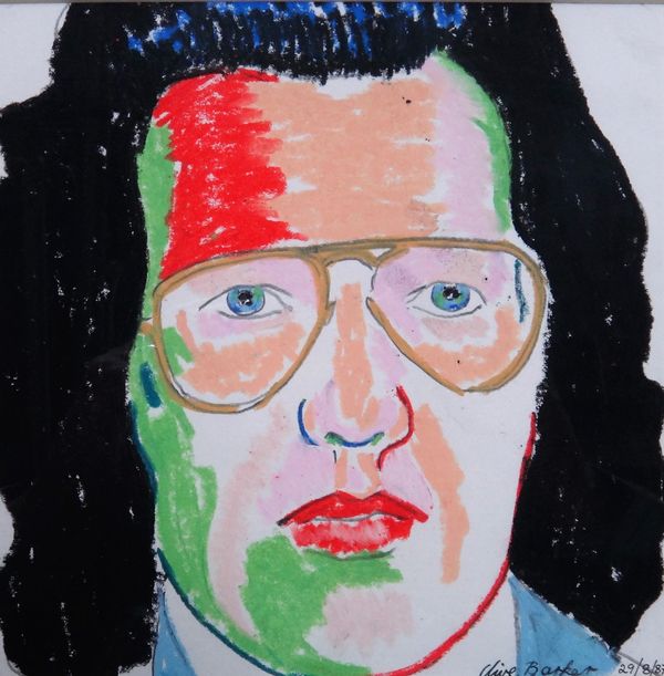 Clive Barker (b.1940), Self Portrait, wax crayon, signed and dated 29/8/87, 19.5cm x 19.5cm. ARR