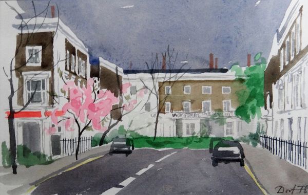 D** (20th century), London street scene, watercolour, indistinctly signed and dated '78, 15cm x 24cm.