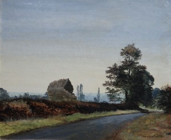 Peter Newcombe (b.1943), Roadside Rick near Caldecote, oil on canvas, signed and dated 1973, 24cm x 29cm. ARR