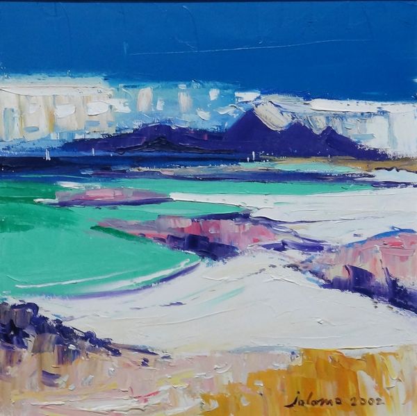 Jolomo (John Lowrie Morrison b.1948), Samua Bay and the Paps of Rum, oil on canvas, signed and dated 2002, inscribed on reverse, 39cm x 39cm. ARR