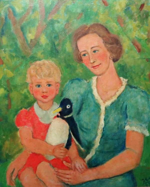 Jean-Georges Simon (1894-1968), Mother and child with toy penguin, oil on canvas, signed with initials and dated '53, 80cm x 66cm.; together with a fu