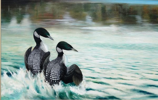 Martin Woodcock (20th century), The Loon Race, oil on board, signed,59cm x 90cm. ARR