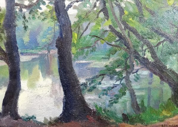 B. Temrahh? (20th century), Wooded lake scene, oil on board, signed, 33cm x 47cm.