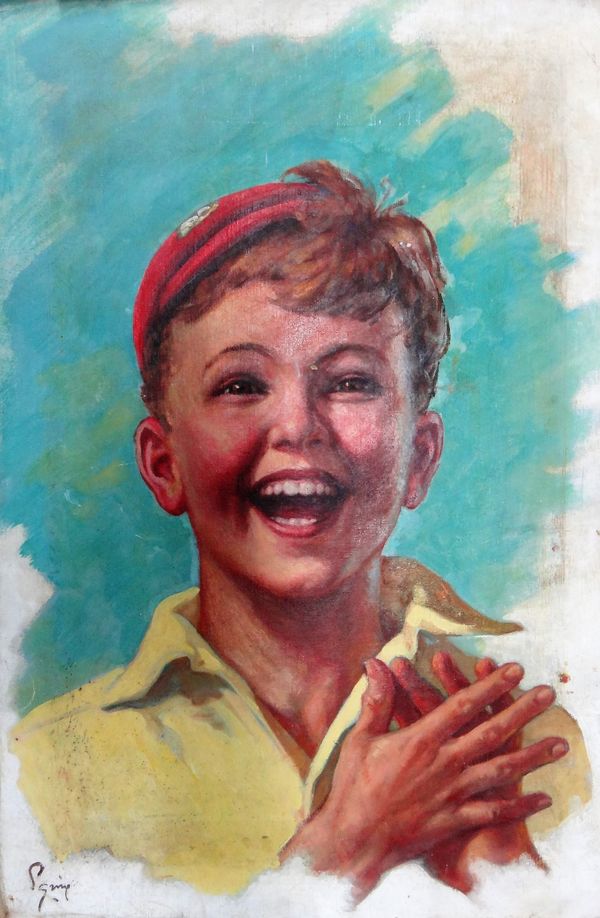 Continental School (20th Century), Smiling Boy, oil on canvas, indistinctly signed, with a still life subject verso, unframed and unstretched, 75cm x