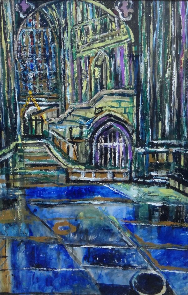 Theo Garmen (1924-1954), Cathedral, oil on paper, signed ' and indistinctly inscribed and dated, 100cm x 67cm. ARR