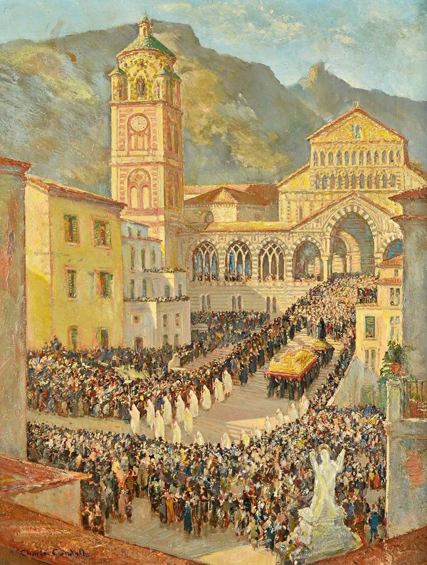 Charles Cundall (1890-1971), Easter Procession, Amalfi, oil on canvas, signed, 64cm x 49cm. ARR