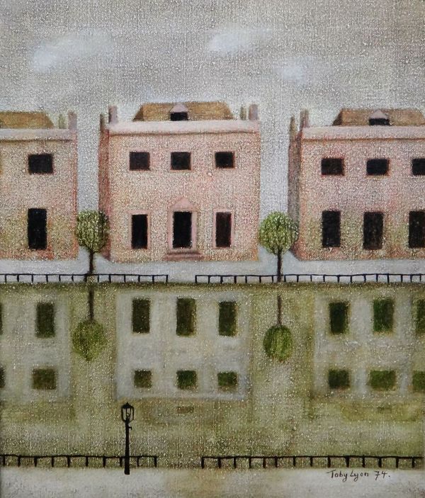 Toby Lyon (b. 1926), Houses overlooking a lake, oil on canvas, signed and dated 74, 30cm x 24.5cm. ARR