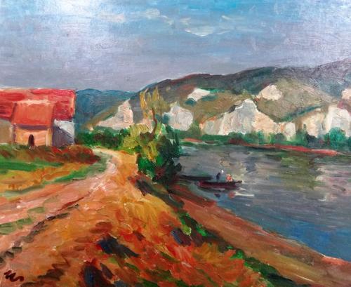 Circle of Matthew Smith (1879-1959), Lake landscape, oil on card laid on board, bears initials, unframed, 50cm x 60.5cm.