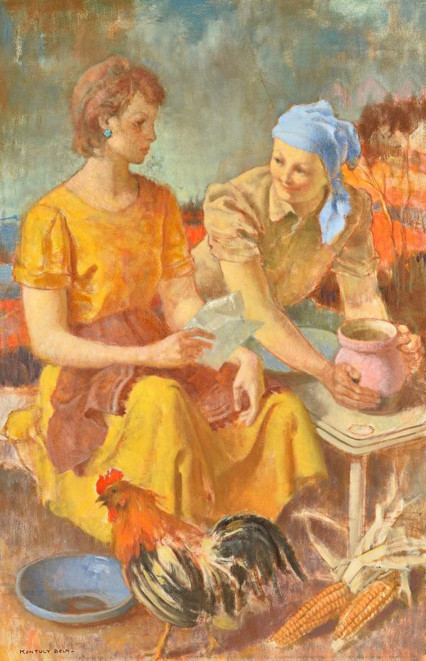 Bela Kontuly (1904-1983), Two women with a cockerel, oil on canvas, signed, 91cm x 59cm. ARR