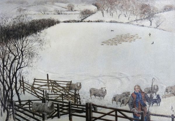 Attributed to Laurence Irving (1897-?), Snow scene with shepherd on the marsh nrear Withersham, Kent, oil on canvasboard, bears monogram and date '71,