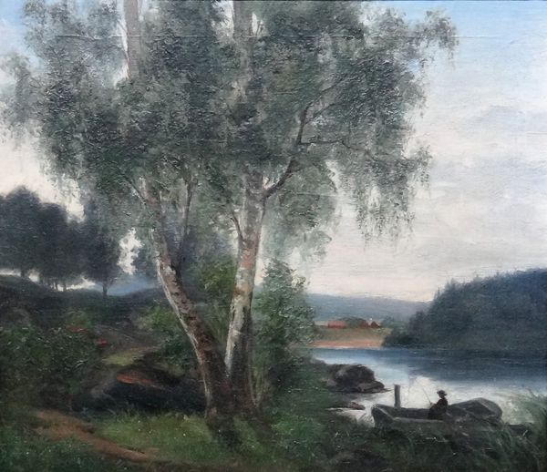 Attributed to Hedvig Strandberg (1842-1931), Figure in a punt at the waters edge, oil on canvas laid on board, 35cm x 40.5cm.