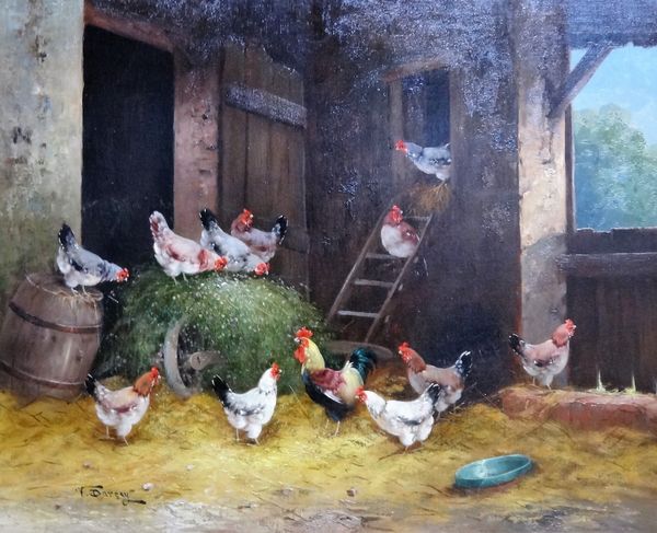 V** Darcey, chickens in a barn, oil on canvas, signed, 54cm x 67cm.