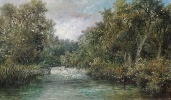 English School (19th century), Wooded river scene with angler, oil on canvas laid on board, 20cm x 36cm.