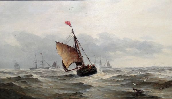 Frederick James Aldridge (1850-1933), Vessels off the coast, oil on canvas, signed, 35cm x 60cm.