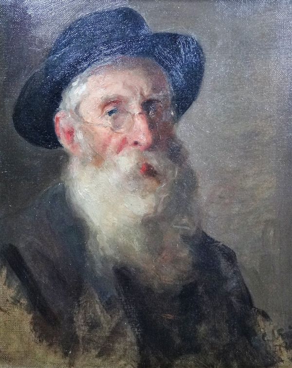 English School (19th century), Portrait of a bearded man, possibly a Jewish elder, oil on canvas, indistinctly signed, 29cm x 24cm.