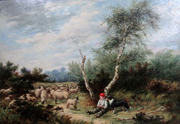 English school 19th century, A shepherd boy with his flock, oil on board, 21cm x 30cm.