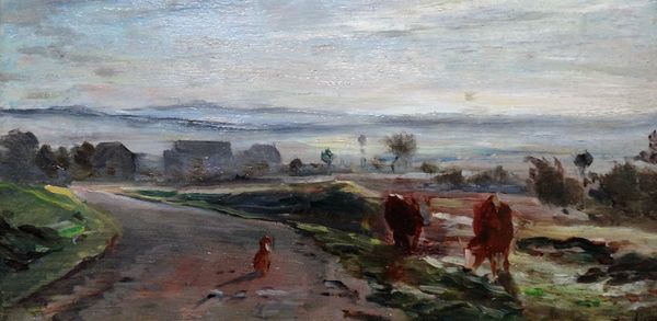 Attributed to Charles-Francois Daubigny (1817-1878), Landscape with cattle, oil on panel, bears a signature, 15cm x 30cm.