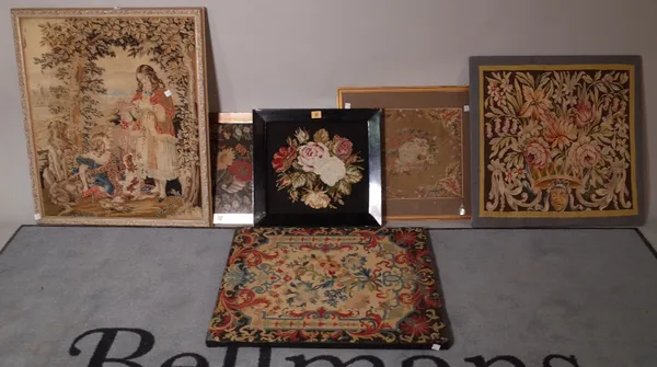 A group of five early 20th century needlework tapestries, the largest 60cm wide x 70cm high, (5).  A1