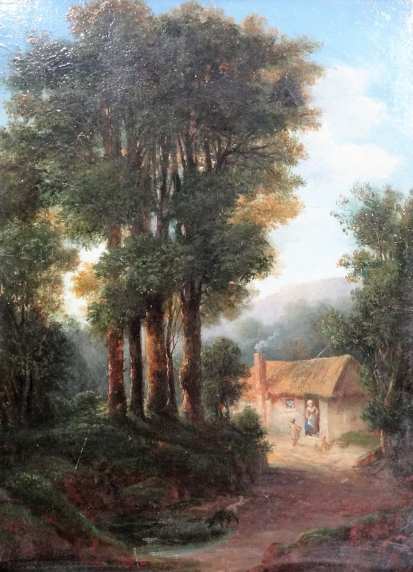 English school 19th century, Figures by a cottage in the woods, oil on board, 33cm x 24cm.