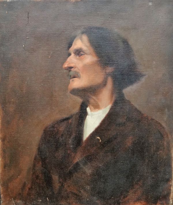 English school (19th century), Portrait of a man, oil on canvas, unframed, with a portrait of a lady verso, 60.5cm x 50.5cm; together with an oil head