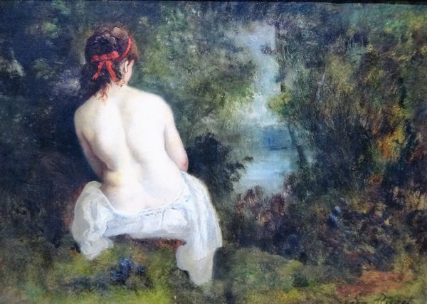 Attributed to Leon Richet (1847-1907), Bather in a wooded clearing, oil on canvas, bears a signature, 24cm x 34cm.