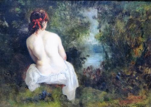 Attributed to Leon Richet (1847-1907), Bather in a wooded clearing, oil on canvas, bears a signature, 24cm x 34cm.